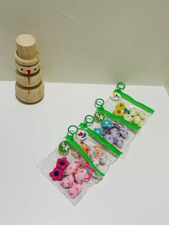 Knit Flower Clips and Plush Hair Ties - 4 Pack